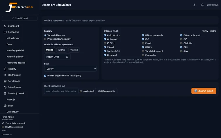 Accounting export: invoices, period, column selection for XLSX and invoice PDFs in a ZIP (dark mode)