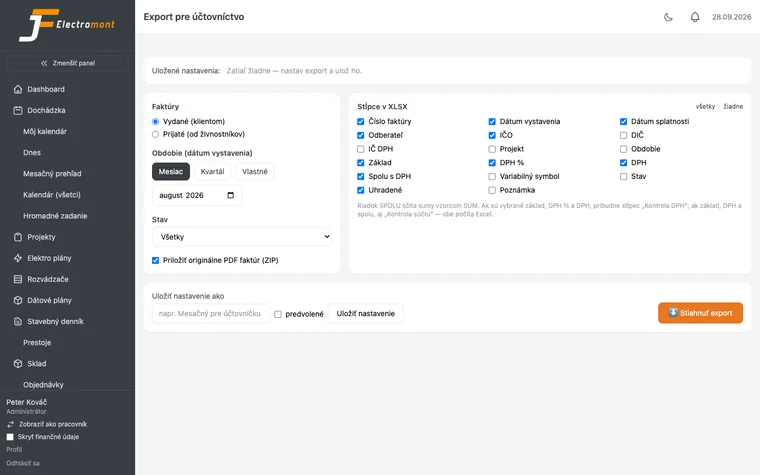 Accounting export: invoices, period, column selection for XLSX and invoice PDFs in a ZIP