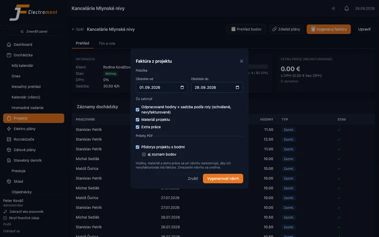 Invoice from project: period, hours by role, materials, extra work and the floor plan with points as a PDF attachment (dark mode)