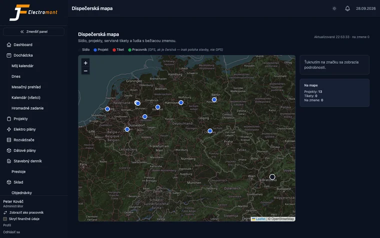 Dispatch map of a real company — sites in Slovakia and abroad, tickets and people on shift (dark mode)