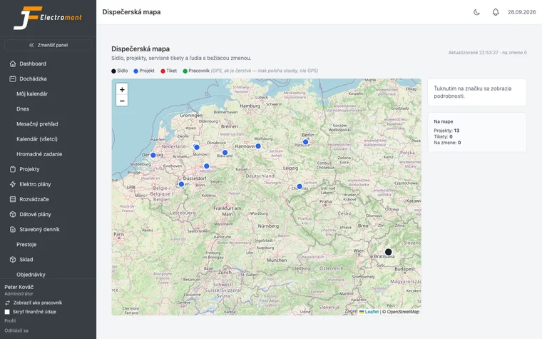 Dispatch map of a real company — sites in Slovakia and abroad, tickets and people on shift