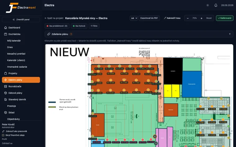 Real electrical plan: floor plan with points coloured by status — green done, orange in progress, red problem (dark mode)