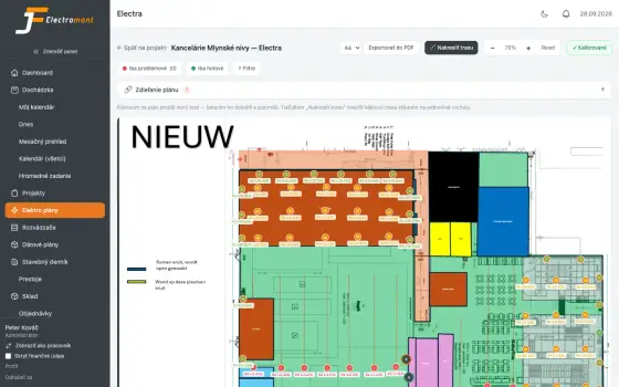 A real electrical plan in daily use: floor plan with dozens of points coloured by status