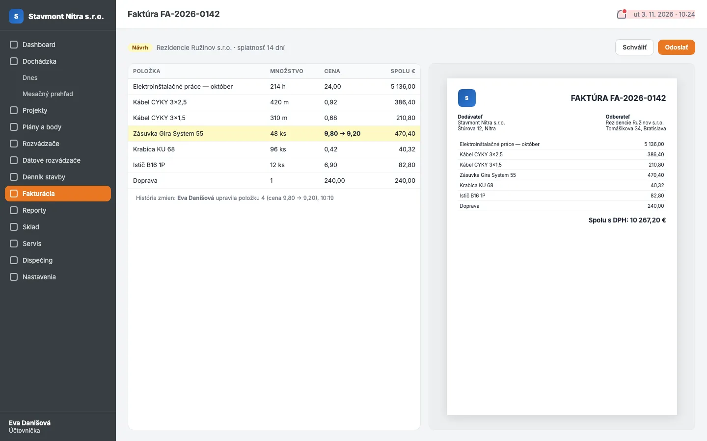 Invoice editor: items with one being edited and a live PDF preview
