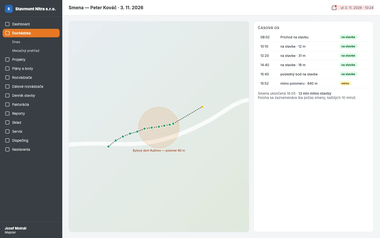 Worker shift detail: map with the site radius and a location timeline every 10 minutes