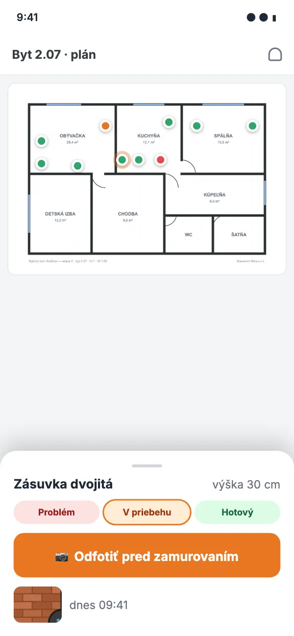 Phone: adding a point on the plan with a status and a photo before the wall is closed