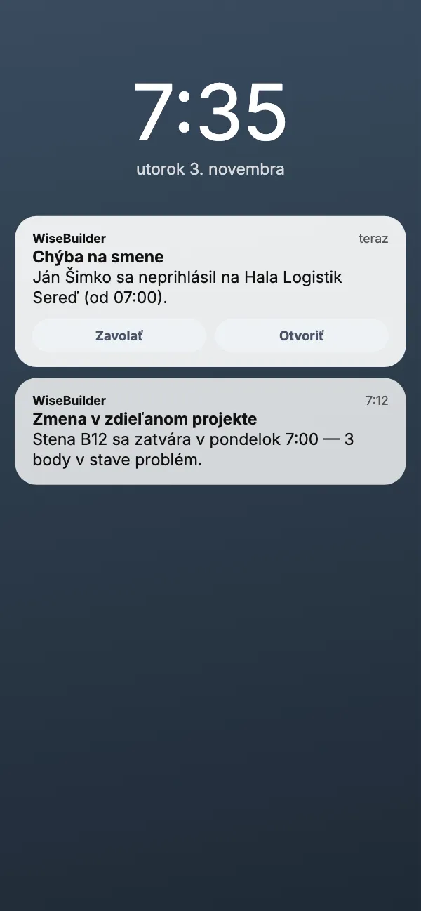Lock screen with a push notification: Missing from shift Ján Šimko, Hala Logistik Sereď