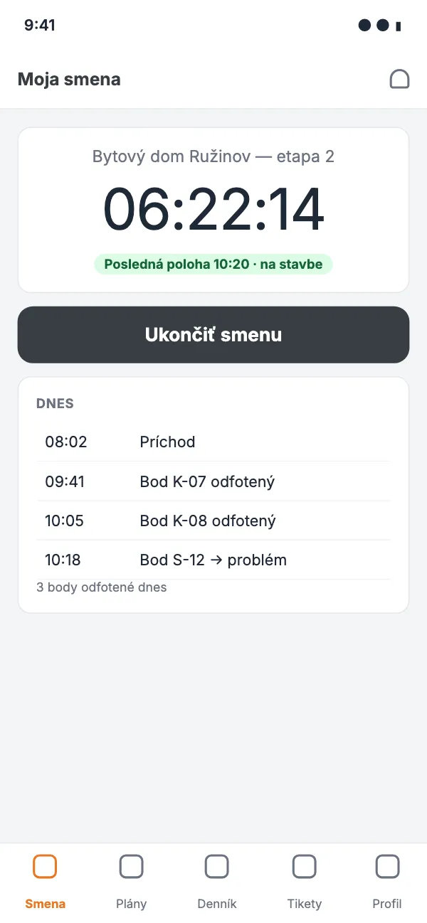 Phone: running shift with a timer and the last location on site
