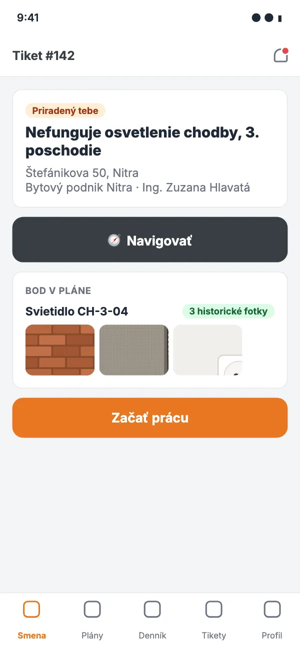 Phone: service ticket with navigation and photo history of the point on the plan
