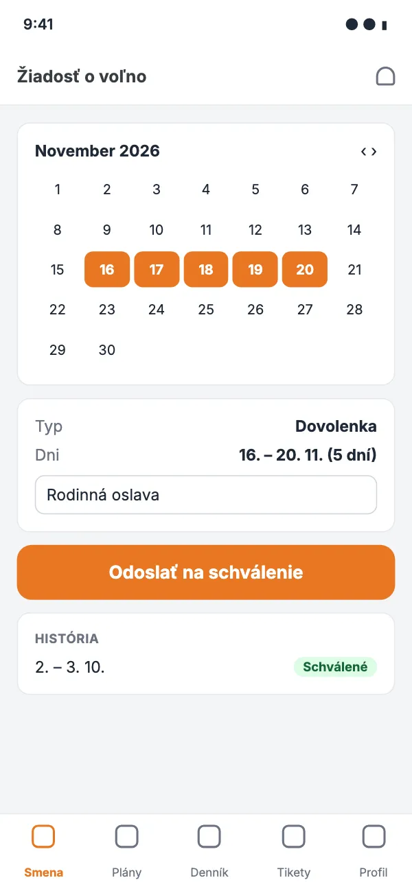 Phone: holiday request with days picked in a calendar