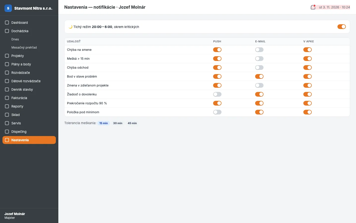 Notification matrix: event × push, email, in-app, quiet mode and lateness tolerance