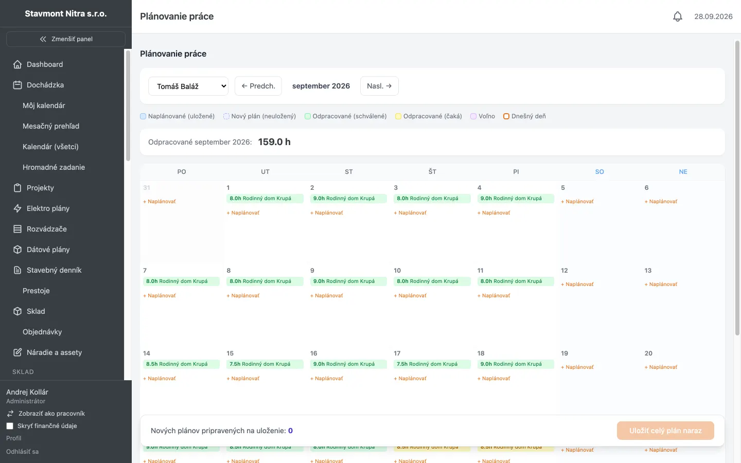 Work planning — a worker's calendar with projects and hours per day