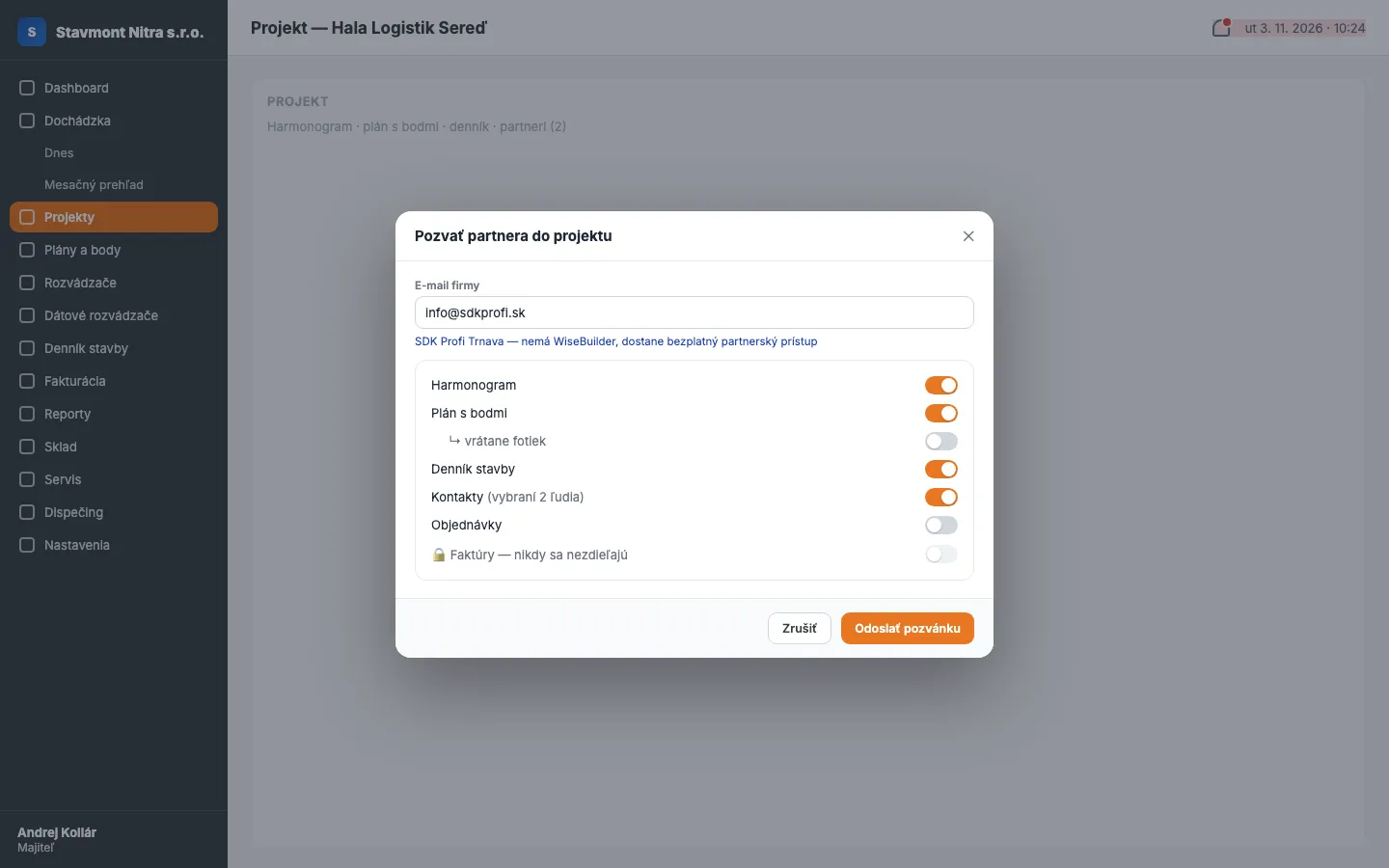 Invite partner to project dialog with a choice of shared modules; invoices are never shared