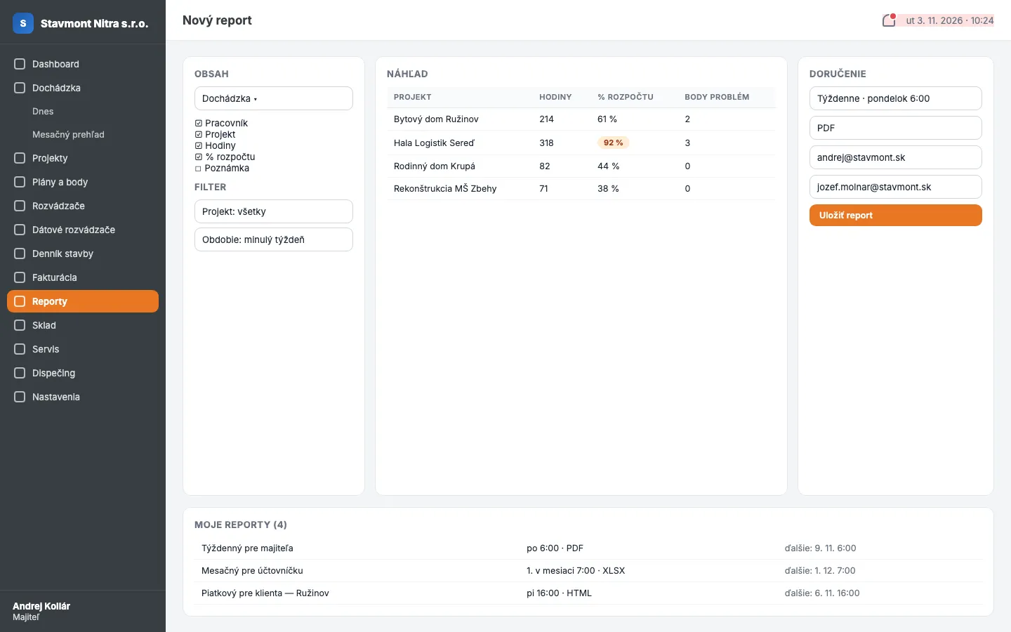 Building a report: content and filter, preview and delivery, list of scheduled reports